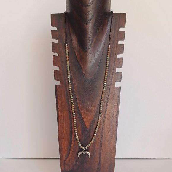 New men's turquoise stone with steel beads and horns pendant hand woven necklace - Picture 6 of 8